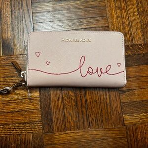 Michael Kors Blush Pink Wristlet Wallet with Red 'Love' Script